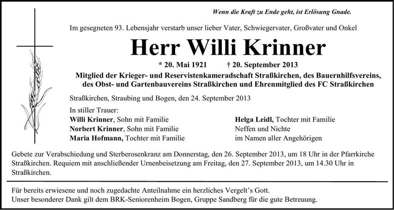 Traueranzeige Willi Krinner