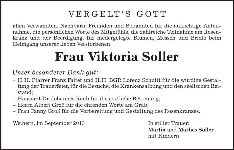 Traueranzeige Viktoria Soller