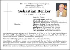 Traueranzeige Sebastian Benker