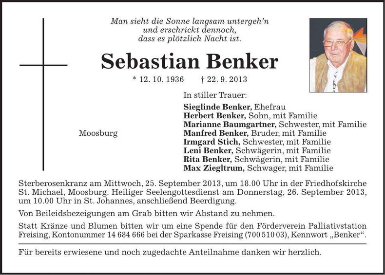 Traueranzeige Sebastian Benker