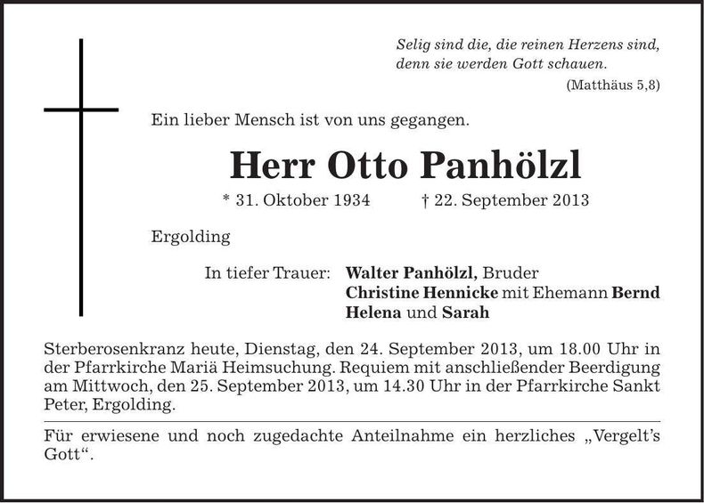 Traueranzeige Otto Panhölzl