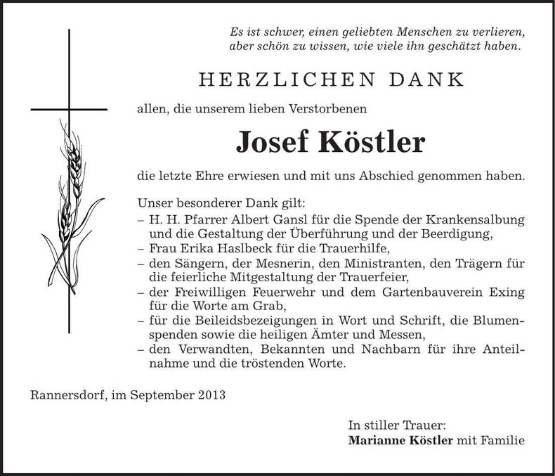 Traueranzeige Josef Köstler