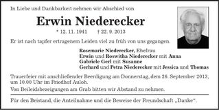 Traueranzeige Erwin Niederecker
