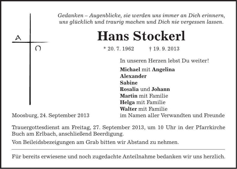Traueranzeige Hans Stockerl