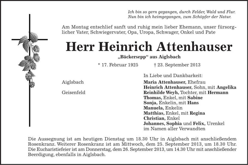 Traueranzeige Heinrich Attenhauser