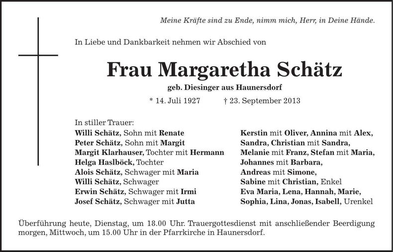 Traueranzeige Margaretha Schätz