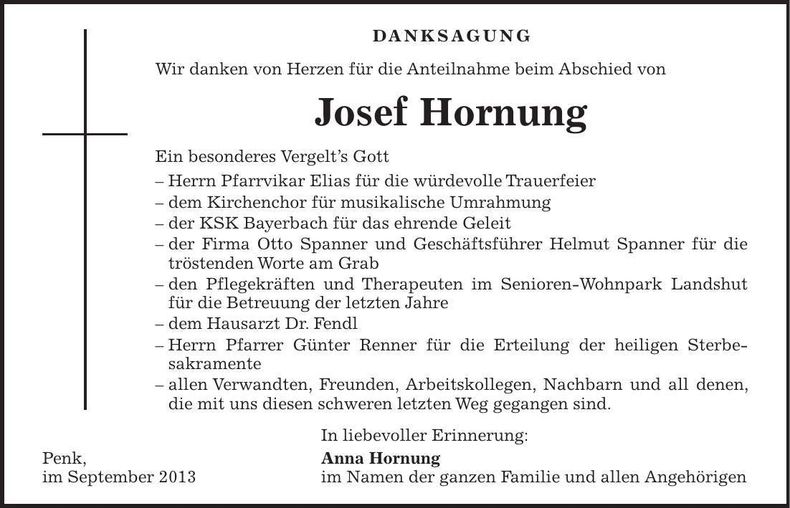Traueranzeige Josef Hornung