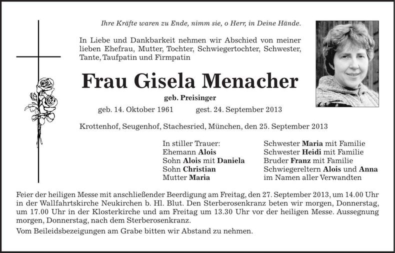 Traueranzeige Gisela Menacher