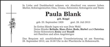 Traueranzeige Paula Blank