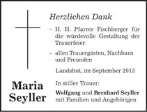 Traueranzeige Maria Seyller