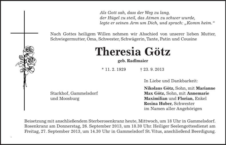 Traueranzeige Theresia Götz
