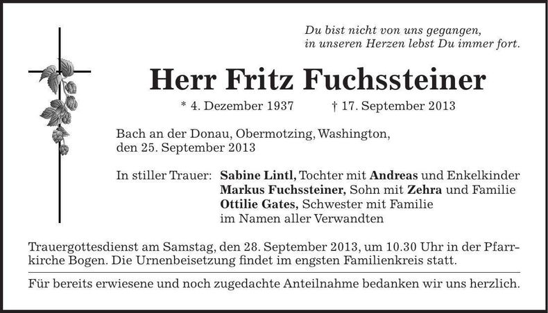 Traueranzeige Fritz Fuchssteiner