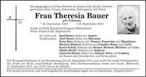 Traueranzeige Theresia Bauer