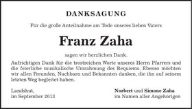 Traueranzeige Franz Zaha