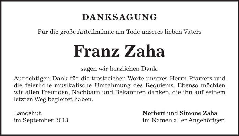 Traueranzeige Franz Zaha