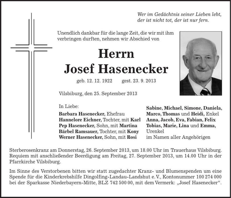 Traueranzeige Josef Hasenecker