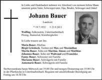 Traueranzeige Johann Bauer