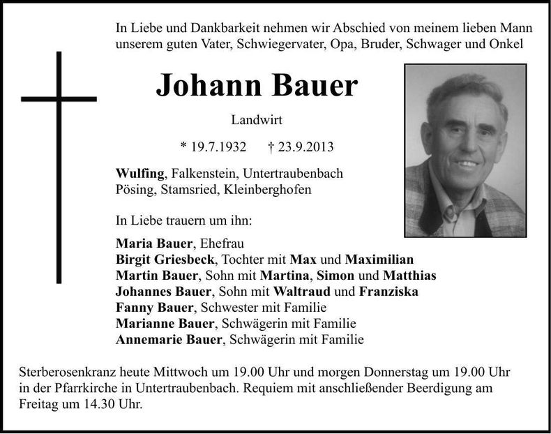 Traueranzeige Johann Bauer