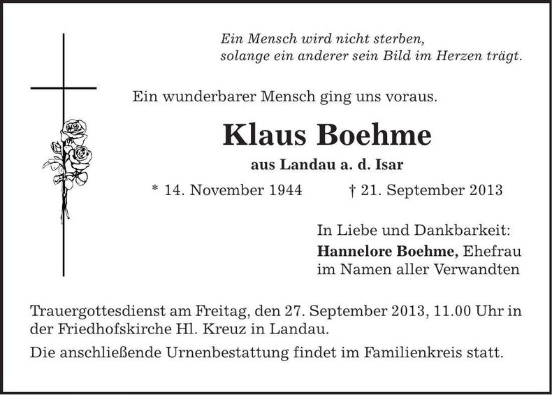 Traueranzeige Klaus Boehme