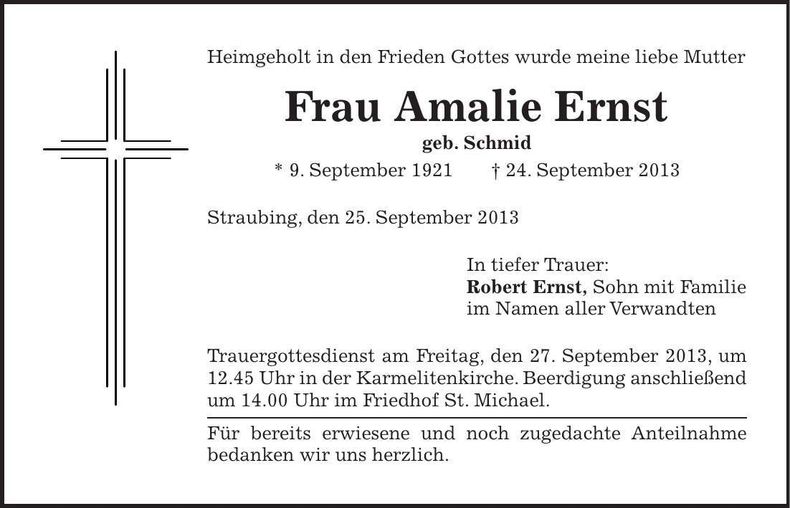Traueranzeige Amalie Ernst