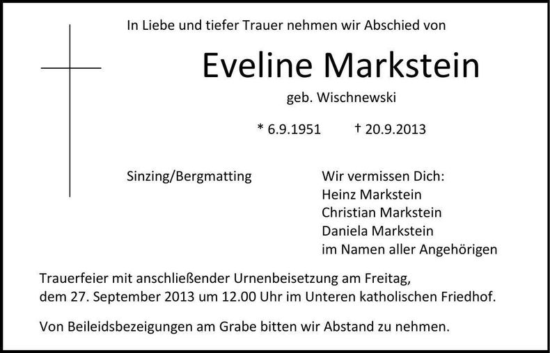 Traueranzeige Eveline Markstein