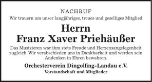 Traueranzeige Franz Xaver Priehäußer