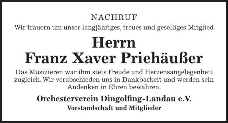 Traueranzeige Franz Xaver Priehäußer
