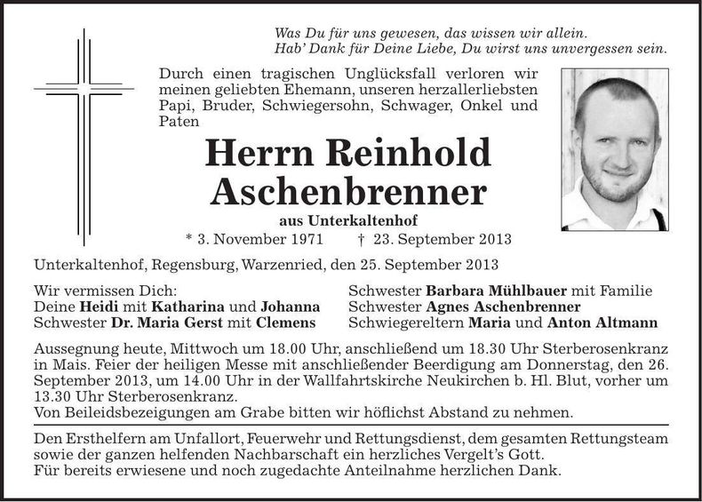 Traueranzeige Reinhold Aschenbrenner