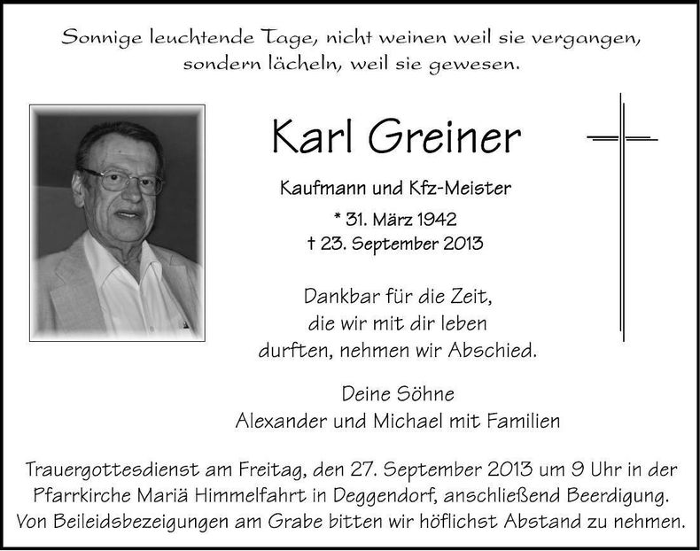 Traueranzeige Karl Greiner