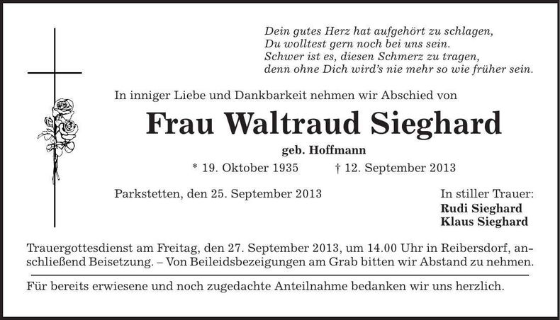 Traueranzeige Waltraud Sieghard