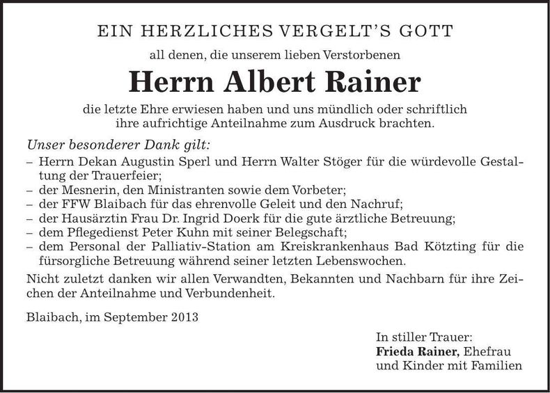 Traueranzeige Albert Rainer