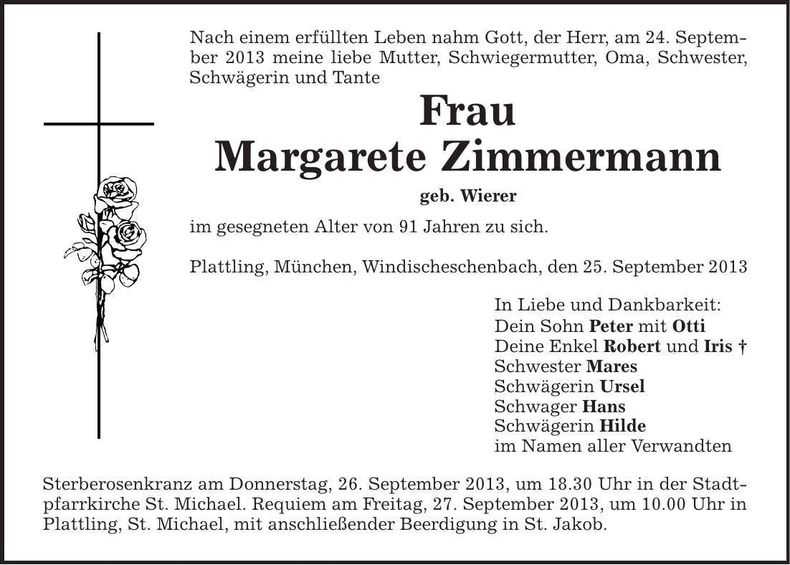Traueranzeige Margarete Zimmermann