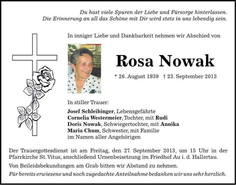 Traueranzeige Rosa Nowak