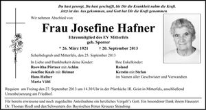 Traueranzeige Josefine Hafner