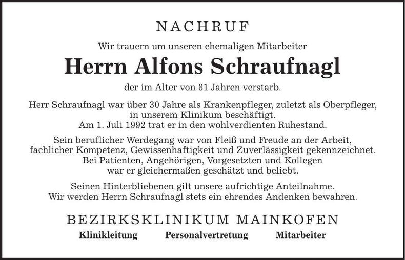 Traueranzeige Alois Schraufnagl