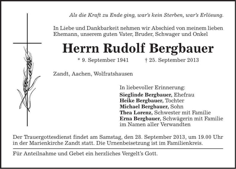 Traueranzeige Rudolf Bergbauer