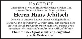 Traueranzeige Hans Jebitsch