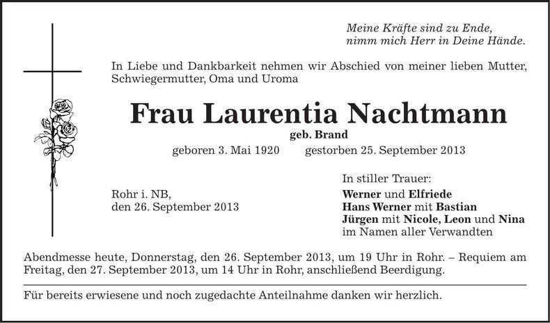 Traueranzeige Laurentia Nachtmann