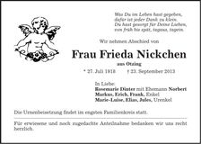 Traueranzeige Frieda Nickchen