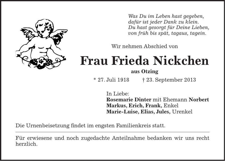 Traueranzeige Frieda Nickchen