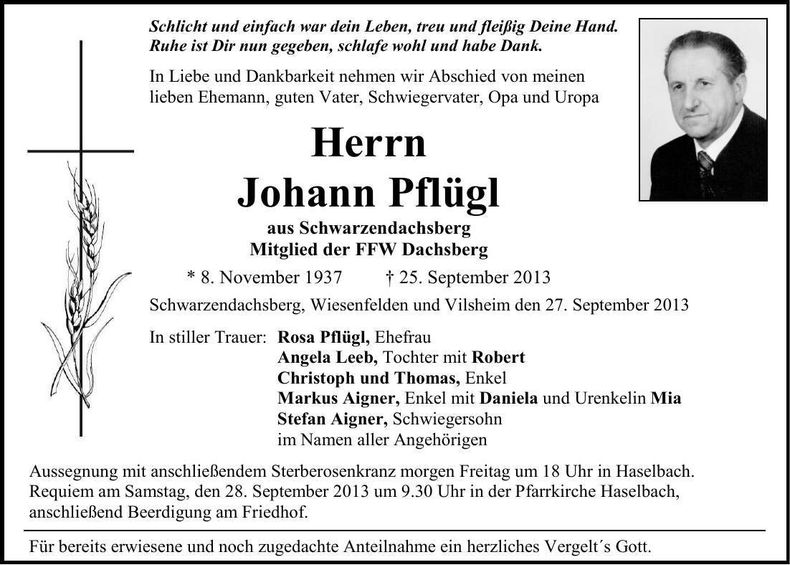 Traueranzeige Johann Pflügl