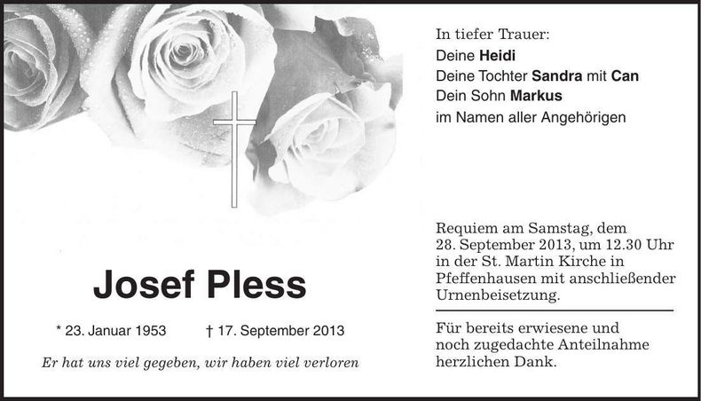 Traueranzeige Josef Pless