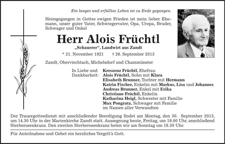 Traueranzeige Alois Früchtl