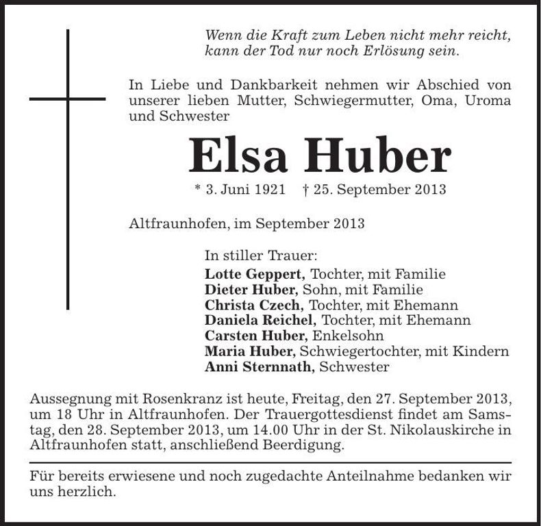 Traueranzeige Elsa Huber