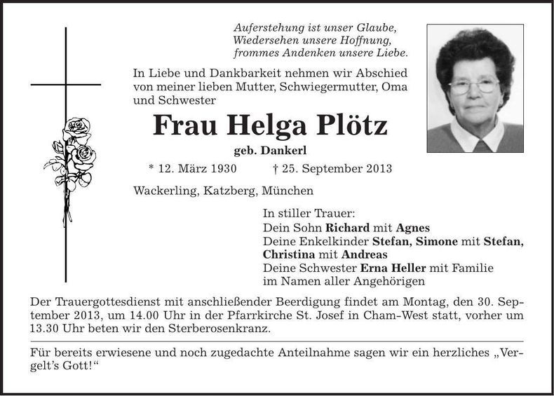 Traueranzeige Helga Plötz