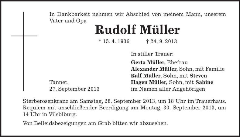 Traueranzeige Rudolf Müller