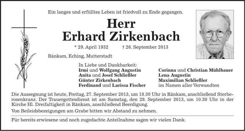 Traueranzeige Erhard Zirkenbach