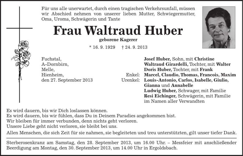Traueranzeige Waltraud Huber
