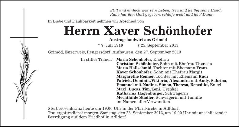Traueranzeige Xaver Schönhofer