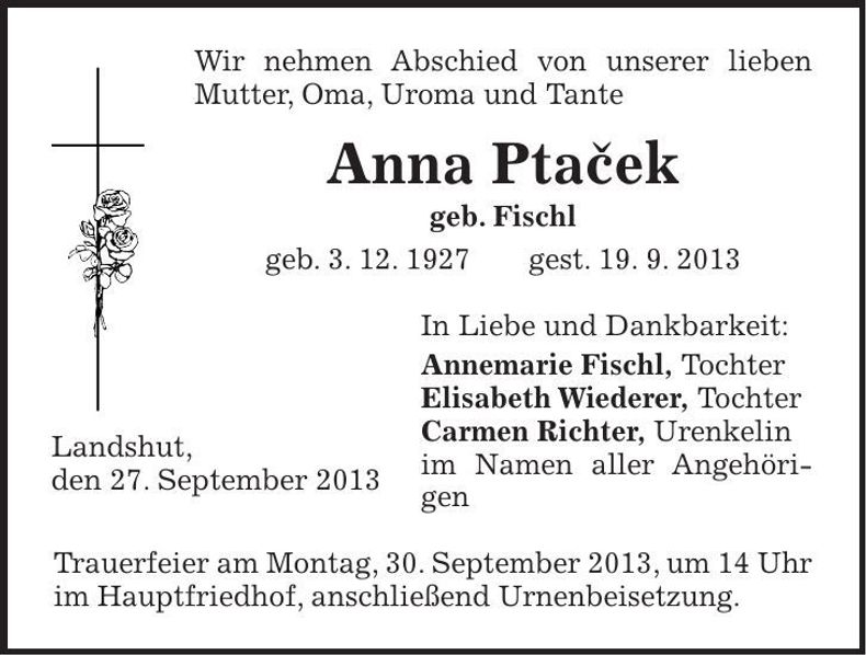 Traueranzeige Anna Ptacek
